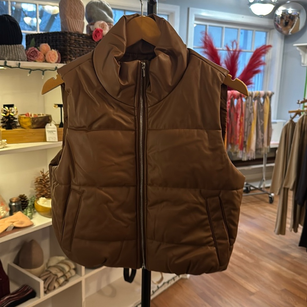 Dark camel color puffer faux leather vest